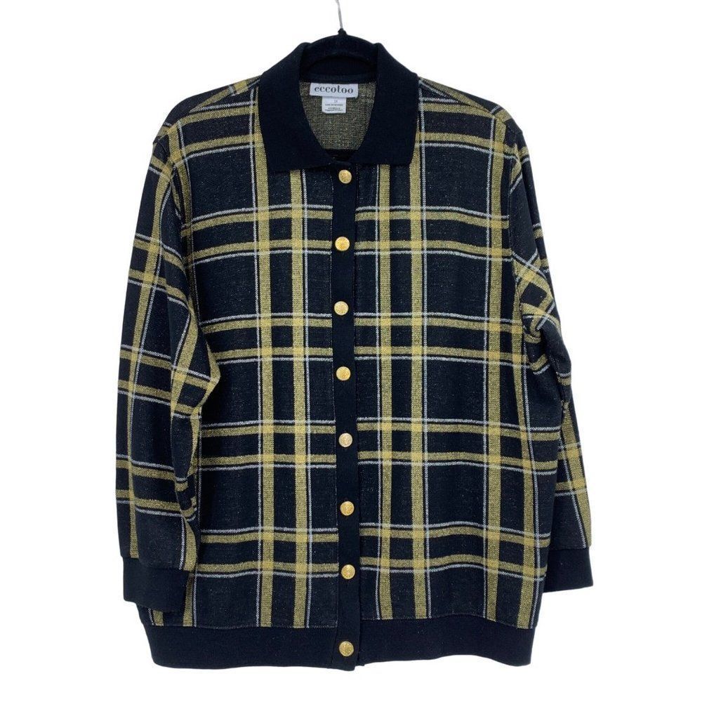 Eccotoo Women Black Metallic Thread Plaid Sweater Cardigan Size 1X 2417 holiday